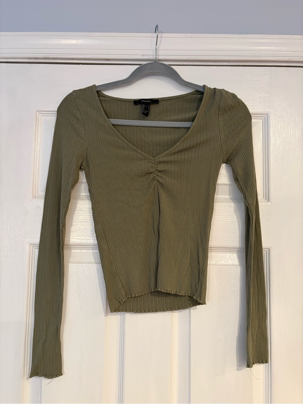 Olive Ribbed V-Neck Long Sleeve Top